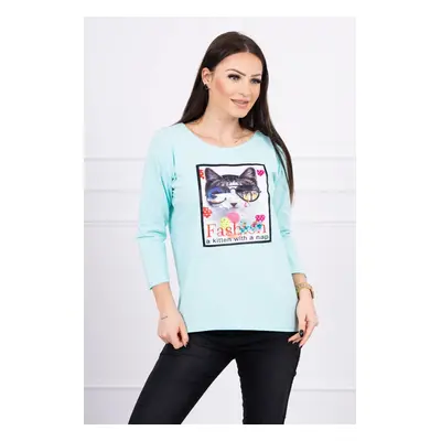 Blouse with cat graphics 3D mint