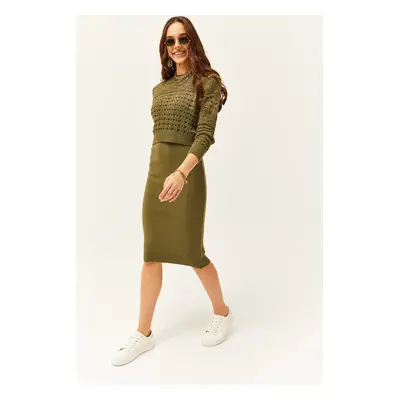 Olalook Women's Khaki Thin Strap Knitwear Dress Openwork Sweater Suit