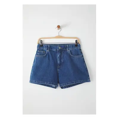 Trendyol Blue Elastic Waist High Waist Mini Denim Shorts