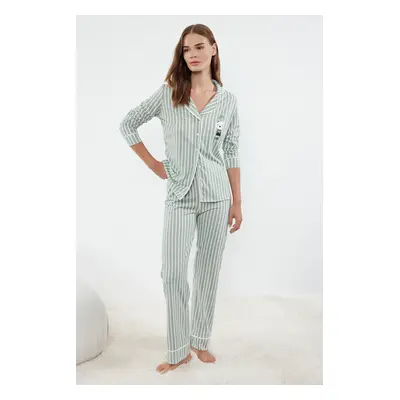 Trendyol Mint Striped Animal Patterned Knitted Pajama Set