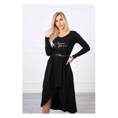 Dress with decorative belt and black inscription