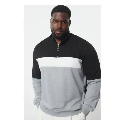 Trendyol Large Size Black Slim/Narrow Cut Paneled Long Sleeve Judge Collar Zipper Sweatshirt