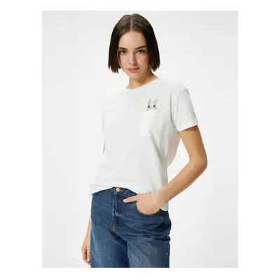 Koton Pocket Detailed T-Shirt Rabbit Embroidered Short Sleeve Crew Neck Cotton