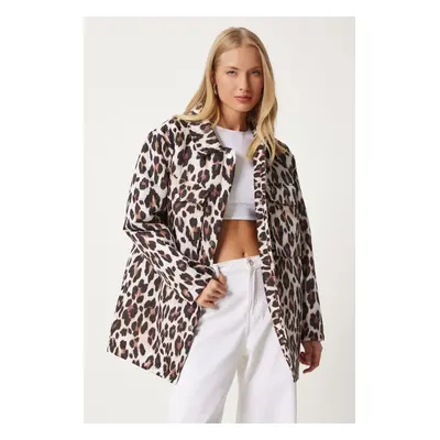 Happiness İstanbul Women's Black Beige Leopard Patterned Puffer Jacket