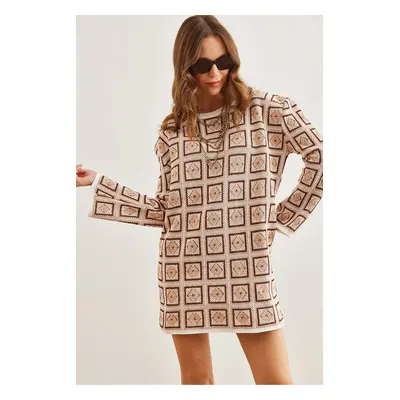 Olalook Women's Beige Ethnic Patterned Knitwear Tunic Dress