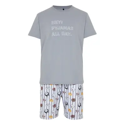 Trendyol Gray Regular Fit Printed Knitted Shorts Pajamas Set