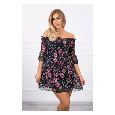 Shoulder dress with floral pattern black