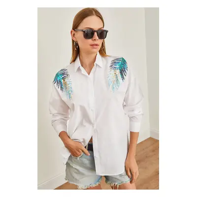 Olalook Women's White Leaf Sequin Detailed Woven Shirt