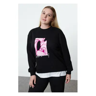 Trendyol Curve Black Lola Bunny Licensed Crew Neck Knitted Plus Size Sweatshirt