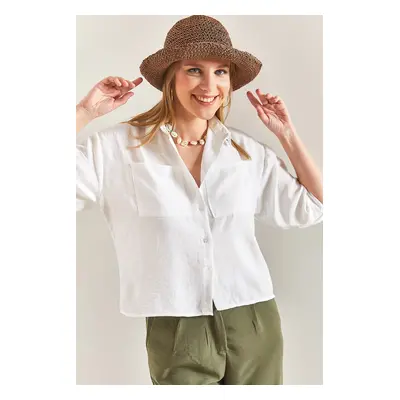 Bianco Lucci Women's Large Double Pocket Linen Shirt