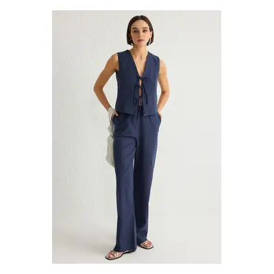 Trendyol Navy Blue Front Drawstring Blouse and Wide Leg Trousers Set Woven Bottom-Top Set