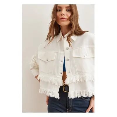 Olalook Women's White Tassel Detailed Crop Cotton Gabardine Jacket