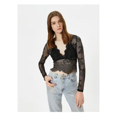 Koton Lace Blouse Sheer Crop V Neck