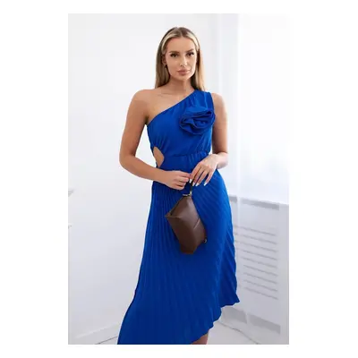 Women's pleated dress with flowers - cornflower blue