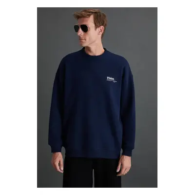 GRIMELANGE Ernest Men's Soft Inside Fleece Print Detailed Organic Cotton Oversize Navy Blue Swea