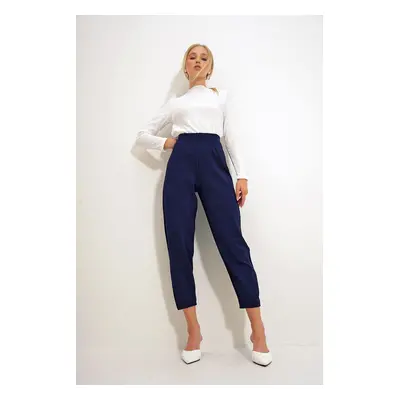 Trend Alaçatı Stili Women's Navy Blue High Waist Darted Flowy Crepe Knitted Trousers