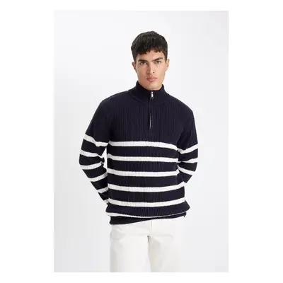 DEFACTO Standard Fit Stand Collar Half Zipper Striped Knitwear Sweater