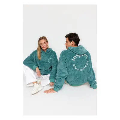 Trendyol Mint Oversize/Wide Cut Hooded Long Sleeve Text Embroidered Plush Sweatshirt