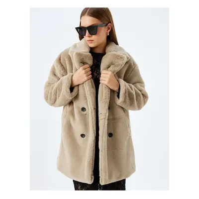 Koton Double Breasted Plush Coat with Buttoned Pockets