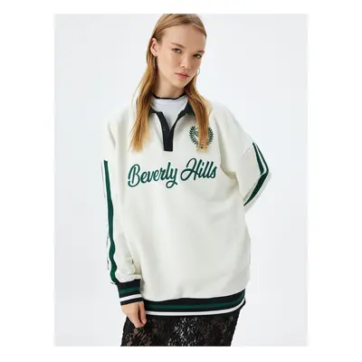 Koton Polo Collar Sweatshirt Oversize College Embroidered Stripe Detail Buttoned Raised