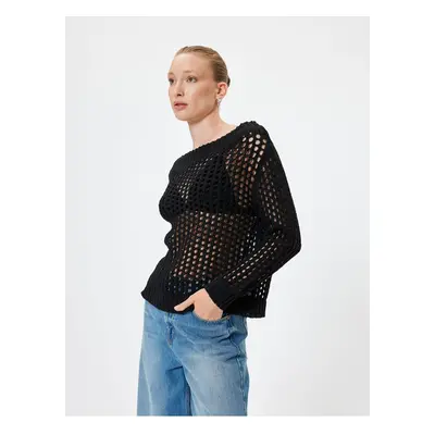 Koton Openwork Knitwear Oversize Sweater Round Neck Long Sleeve