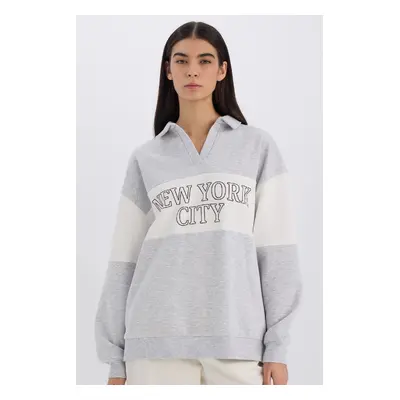 DEFACTO Relax Fit Polo Neck Printed Thick Sweatshirt