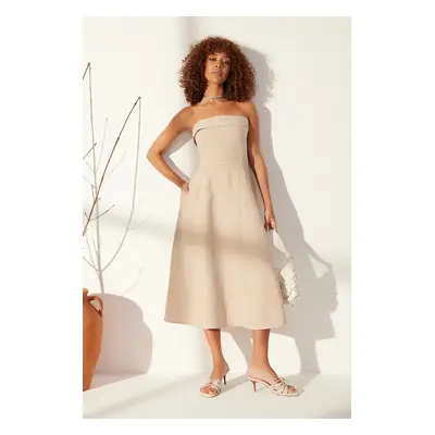 Trendyol Stone 100% Linen Strapless Maxi Dress