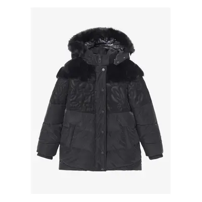 Black Girls' Patterned Winter Jacket with Hood and Faux Fur Desigual Kid - Girls