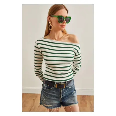 Olalook Women's Emerald Green Striped Premium Soft Touch Boat Neck Stretchy Blouse