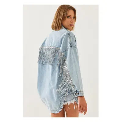 Bianco Lucci Women's Tasseled Denim Jacket