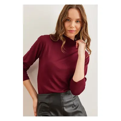 Olalook Women's Claret Red Stand Collar Flowy Soft Touch Blouse