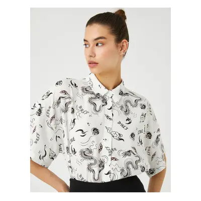 Koton Short Sleeve Shirt Crop Viscose Printed Classic Collar Relaxed Cut