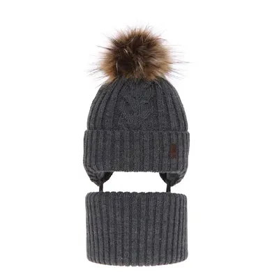 AGBO Boy's winter set: hat and tube scarf grey Kongo with pompom