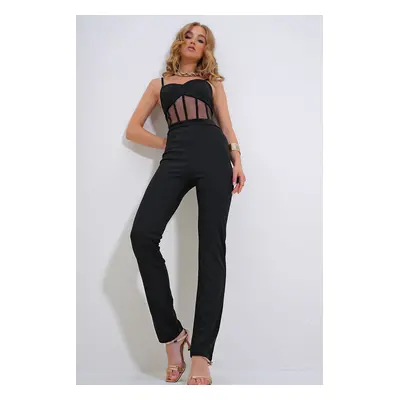 Trend Alaçatı Stili Woman's Black Strap Fishnet Detailed Zippered Back Jumpsuit