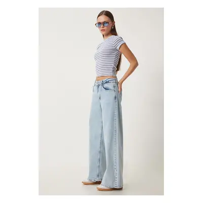 Happiness İstanbul Women's Ice Blue Mid Waist Wide Leg Jeans