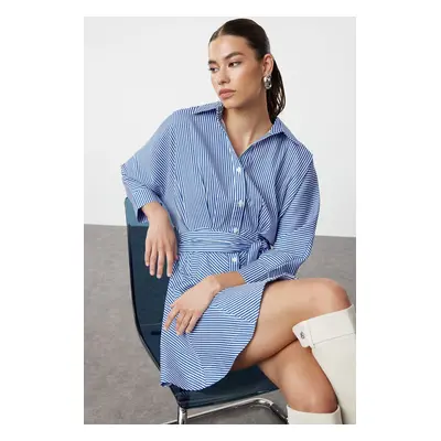 Trendyol Blue Belted Striped Mini Woven Shirt Dress