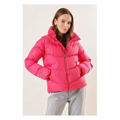 Bigdart Stand Collar Zippered Puffer Jacket - Fuchsia