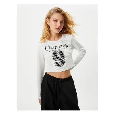 Koton Mesh College Crop T-Shirt Long Sleeve Crew Neck Cotton