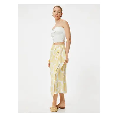 Koton X Melis Ağazat - Floral Midi Length Double Breasted Skirt Side Tie Viscose Fabric