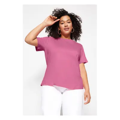 Trendyol Curve Pale Pink Regular Fit Basic Crew Neck 100% Cotton Knitted Plus Size T-Shirt