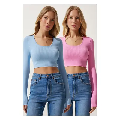 Happiness İstanbul Women's Sky Blue Pink U Neck Ribbed 2-Pack Crop Knitwear Blouse