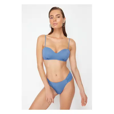 Trendyol Blue Strapless Gathered Bikini Top