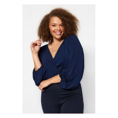 Trendyol Curve Navy Blue Balloon Sleeve Double Breasted Neck Knitted Blouse