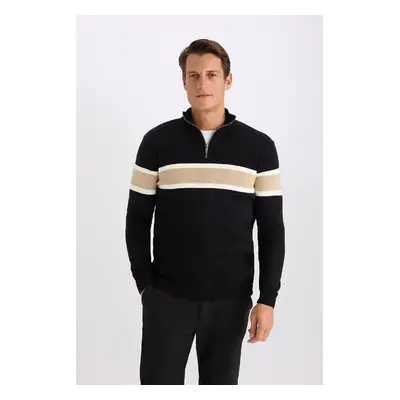 DEFACTO Standard Fit Regular Cut Turtleneck Half Zipper Striped Knitwear Sweater