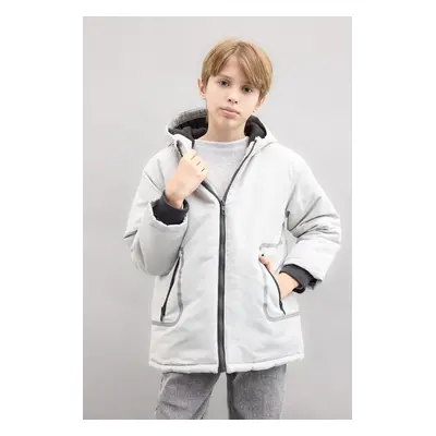 DEFACTO Boy's Water Repellent Hooded Fleece Lined Zippered Pocket Parka