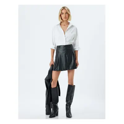 Koton Standard Waist Pleated Mini Faux Leather Skirt