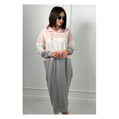 Three-color hooded dress powder pink + ecru + gray