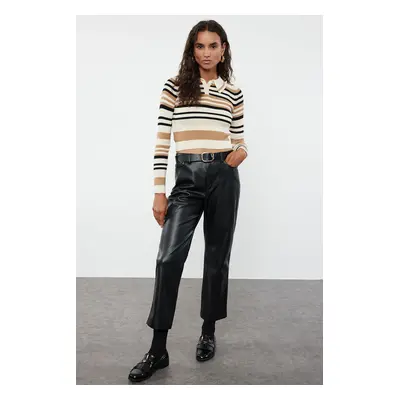 Trendyol Stone Crop Polo Neck Striped Knitwear Sweater