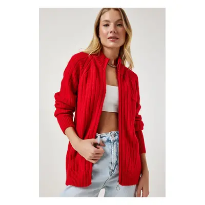 Happiness İstanbul Women's Red Zippered Knitwear Cardigan