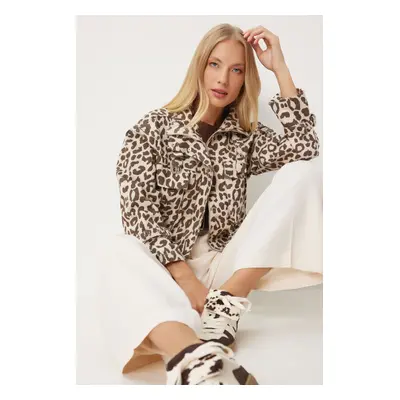 Happiness İstanbul Women's Beige Brown Leopard Patterned Gabardine Jacket